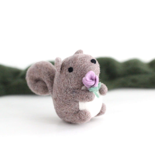Needle Felted Grey Squirrel holding a Flower
