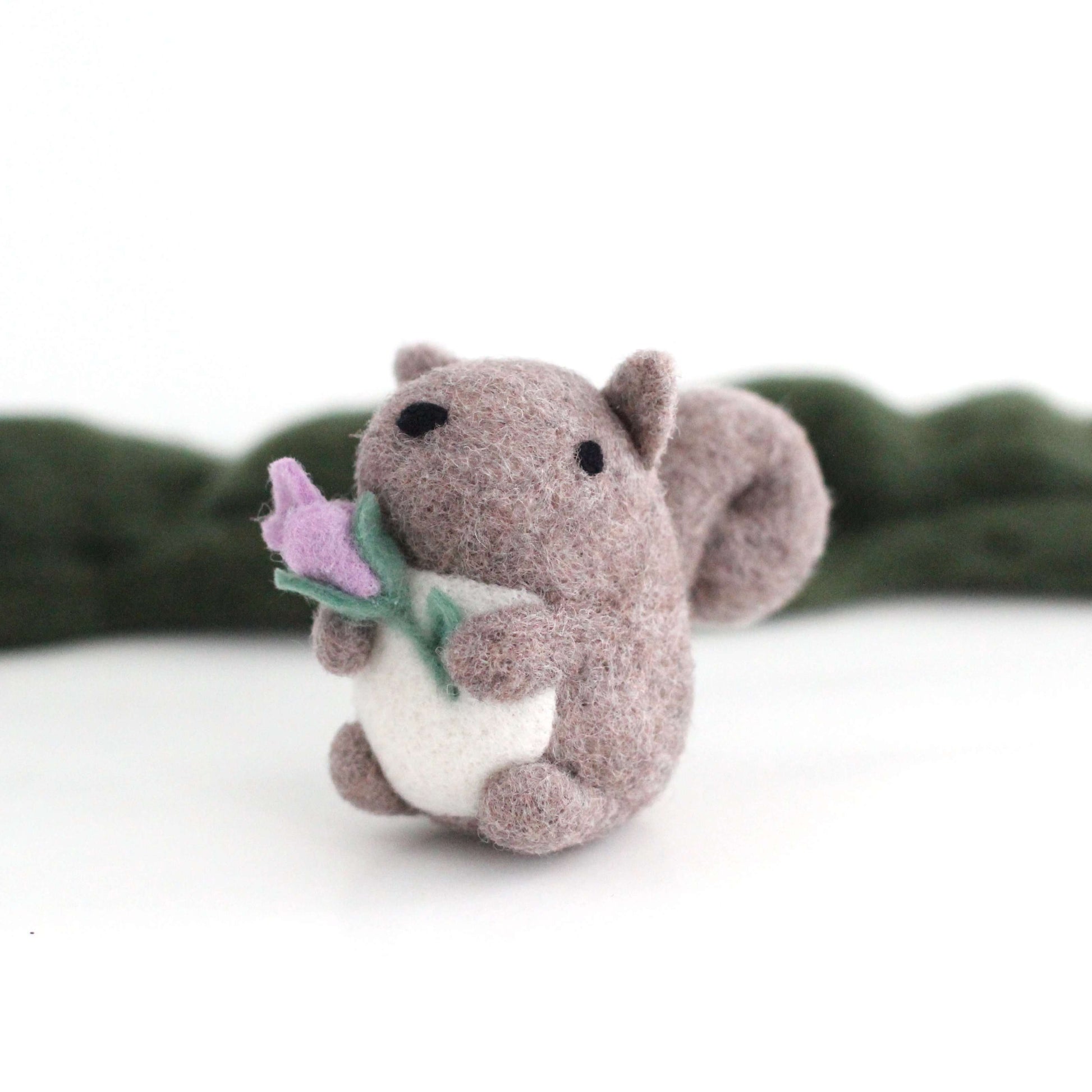 Needle Felted Grey Squirrel holding a Flower by Wild Whimsy Woolies