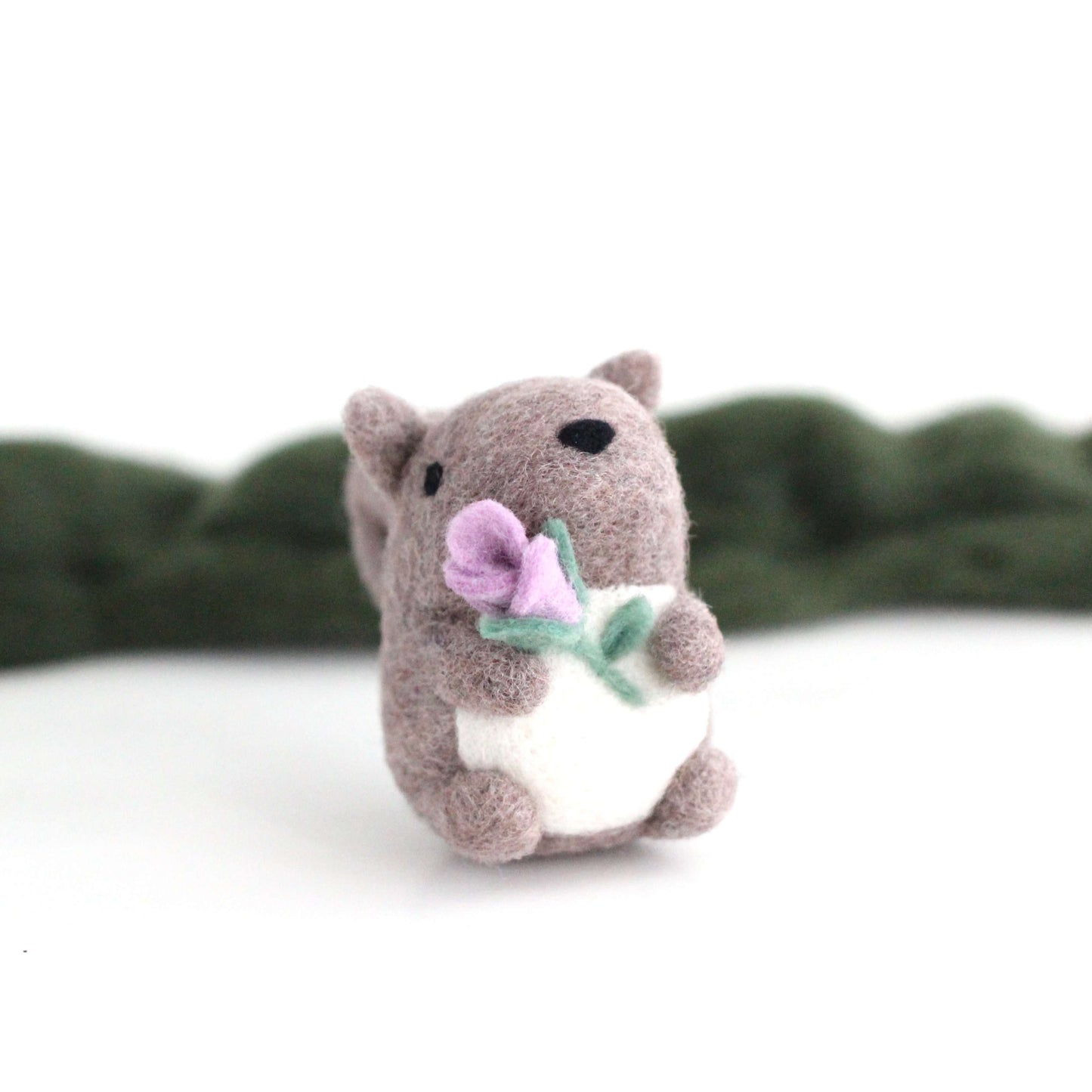 Needle Felted Grey Squirrel holding a Flower