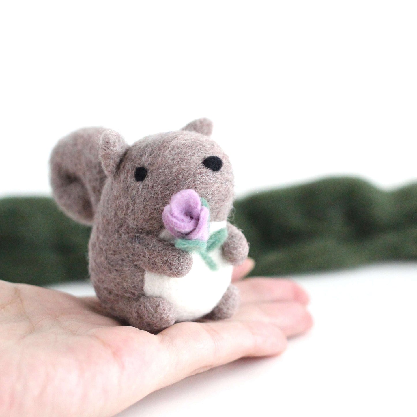 Needle Felted Grey Squirrel holding a Flower