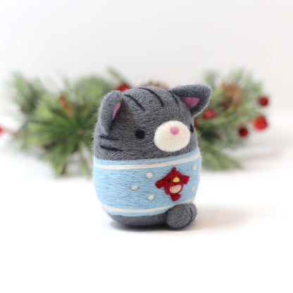 Needle Felted Grey Tabby Cat in Birdie Christmas Sweater by Wild Whimsy Woolies