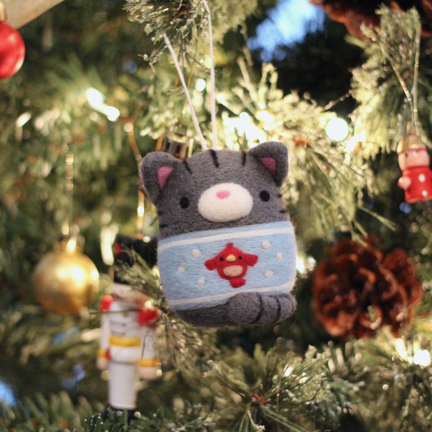 Needle Felted Grey Tabby Cat in Birdie Christmas Sweater by Wild Whimsy Woolies