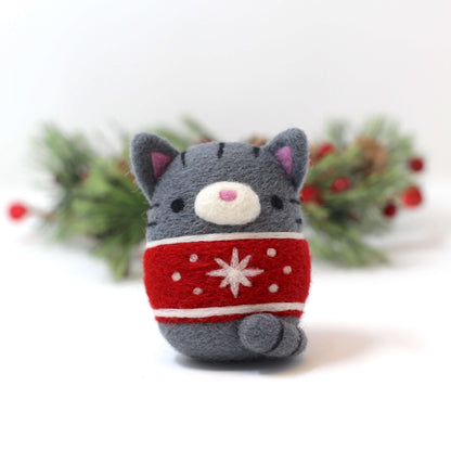 Needle Felted Grey Tabby Cat in Snowflakes Christmas Sweater