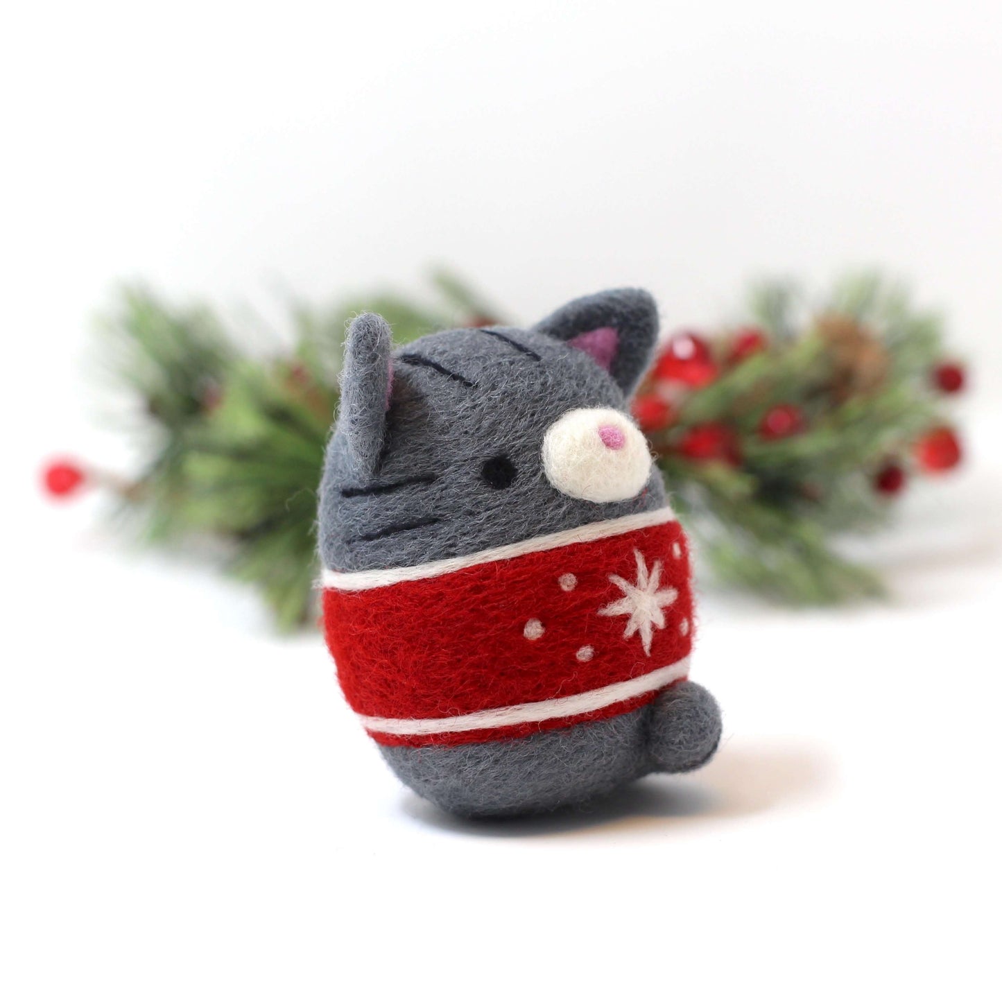 Needle Felted Grey Tabby Cat in Snowflakes Christmas Sweater by Wild Whimsy Woolies