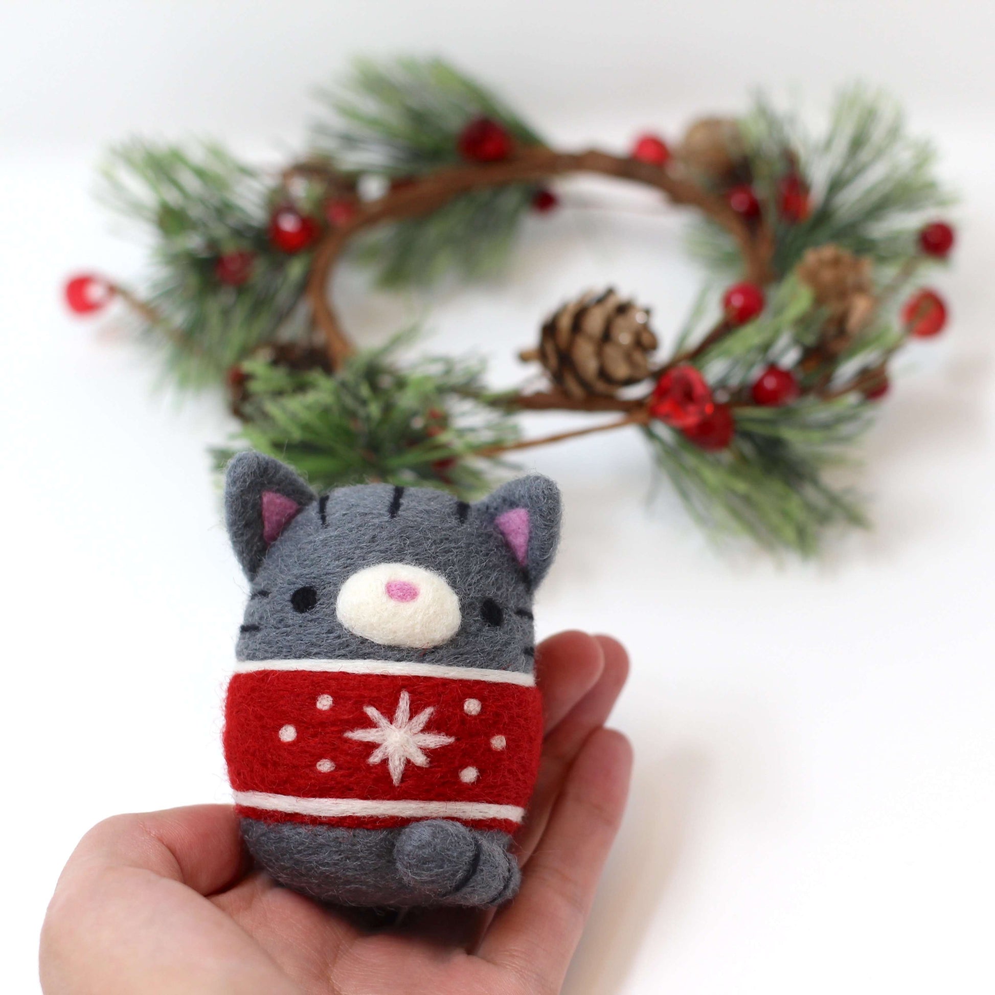 Needle Felted Grey Tabby Cat in Snowflakes Christmas Sweater by Wild Whimsy Woolies