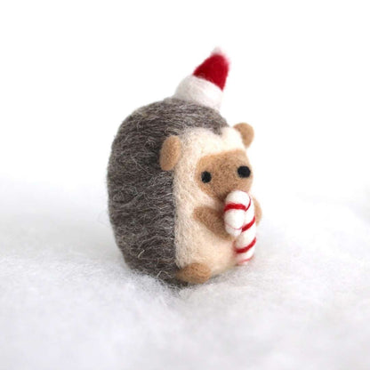 Needle Felted Hedgehog holding Candy Cane by Wild Whimsy Woolies