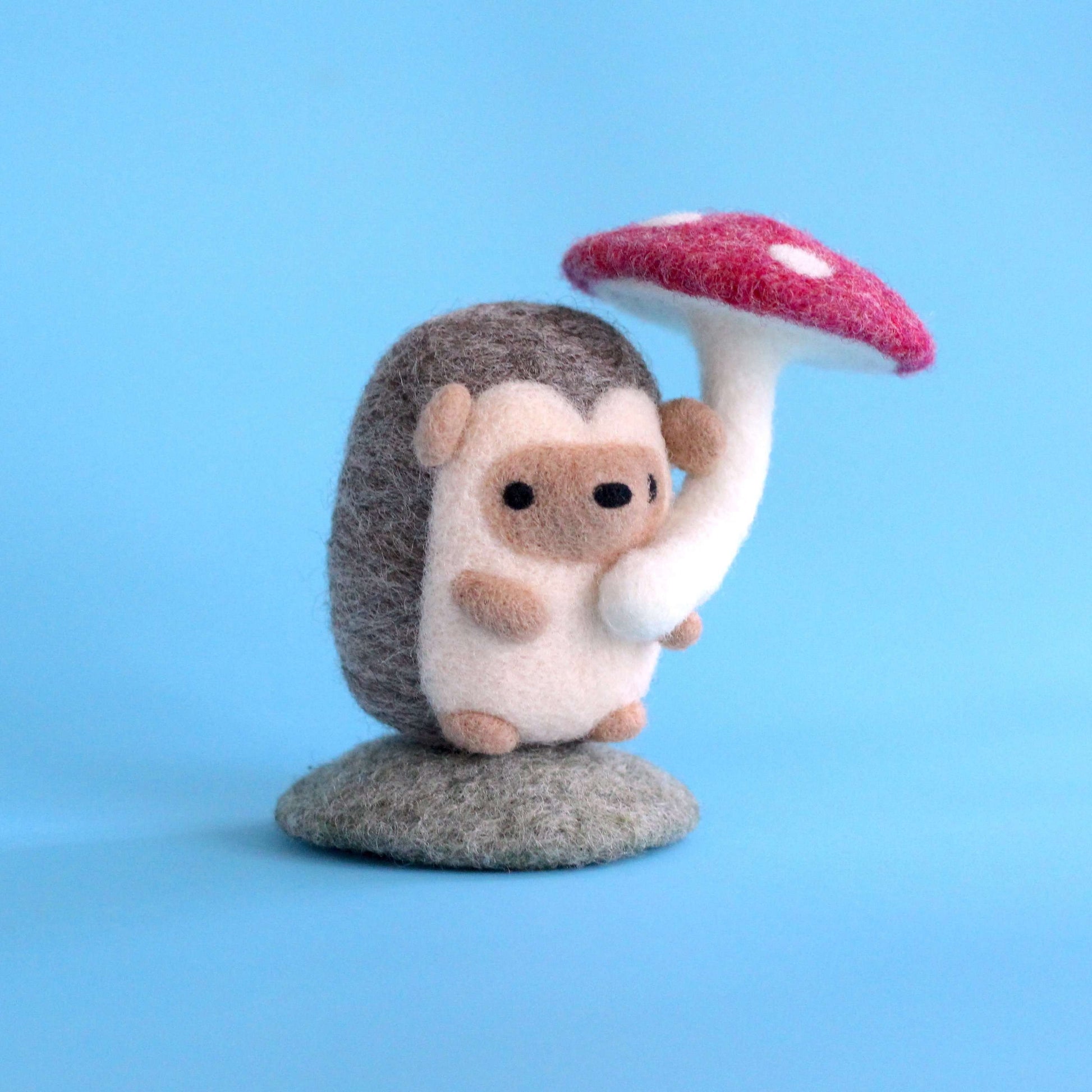 Needle Felted Hedgehog Holding Mushroom Umbrella by Wild Whimsy Woolies