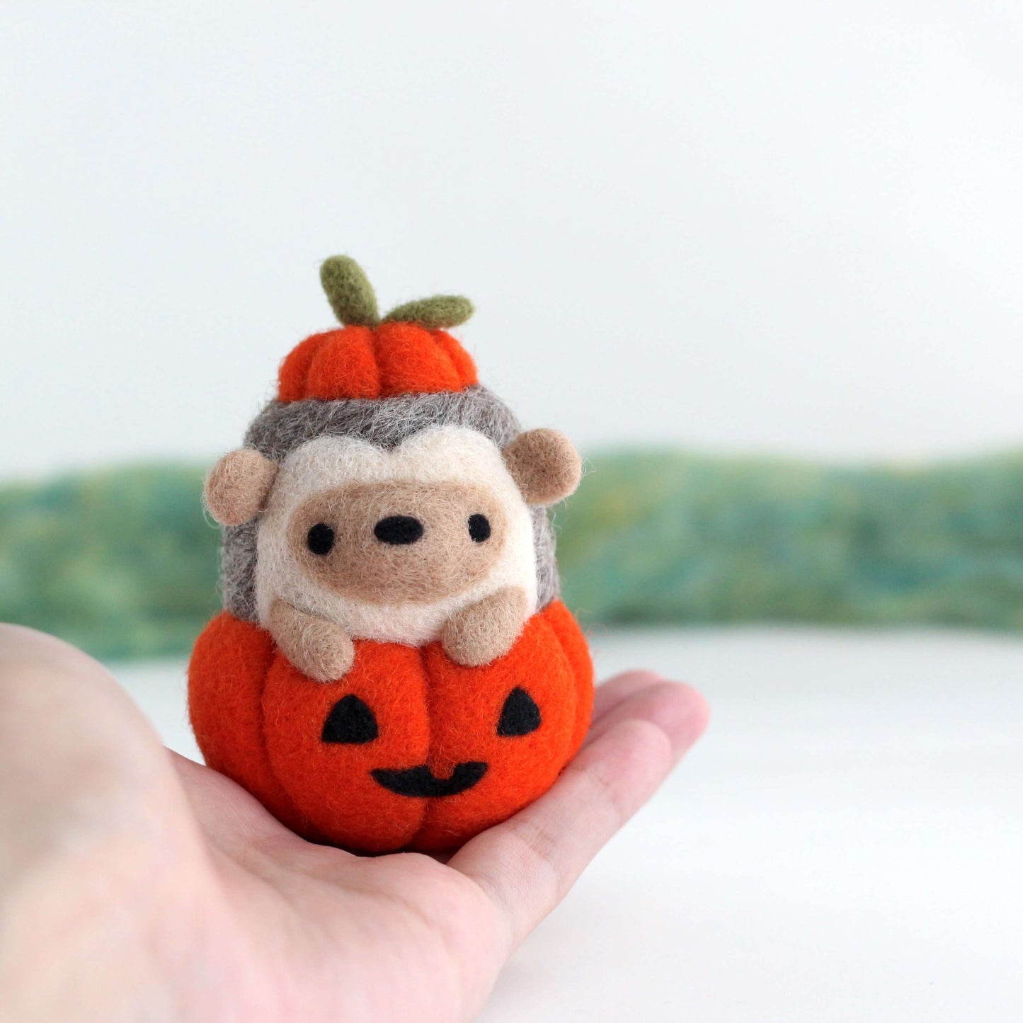 Needle Felted Hedgehog in Jack-o'-Lantern (Bright Orange Variant)