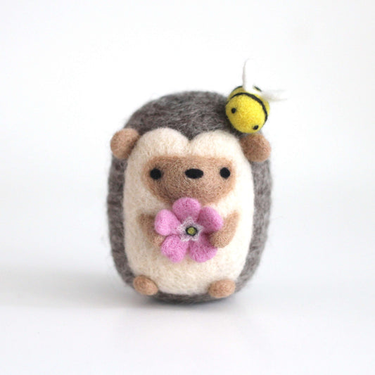 Needle Felted Hedgehog w/ Bee and Flower by Wild Whimsy Woolies