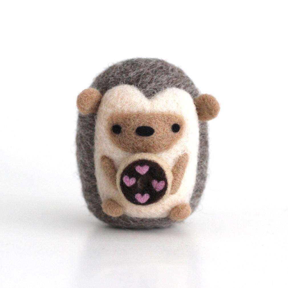 Needle Felted Hedgehog w/ Chocolate Heart Donut