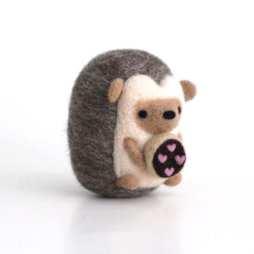 Needle Felted Hedgehog w/ Chocolate Heart Donut