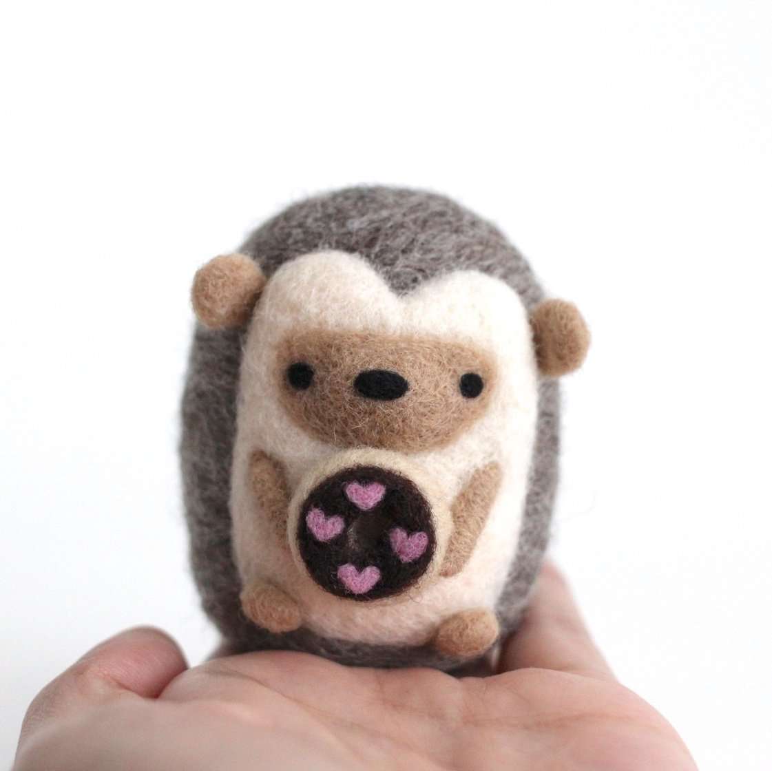 Needle Felted Hedgehog w/ Chocolate Heart Donut