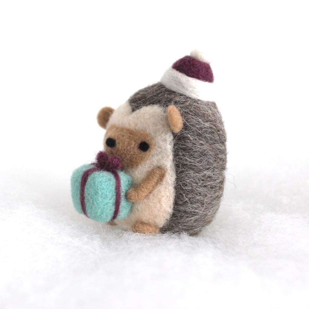 Needle Felted Hedgehog w/ Christmas Present (Purple Ribbon/Hat) by Wild Whimsy Woolies