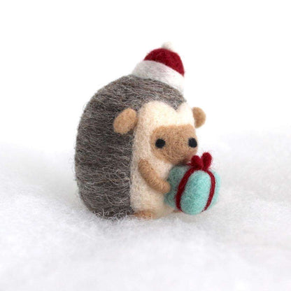 Needle Felted Hedgehog w/ Christmas Present (Red Ribbon/Hat) by Wild Whimsy Woolies