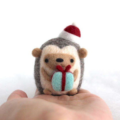 Needle Felted Hedgehog w/ Christmas Present (Red Ribbon/Hat) by Wild Whimsy Woolies