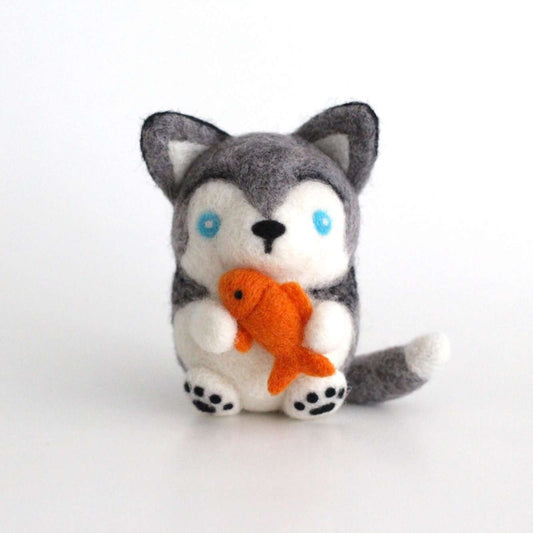 Needle Felted Husky with a Fish
