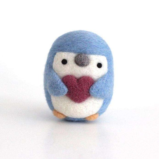 Needle Felted Little Blue Penguin holding Heart (Orchid)