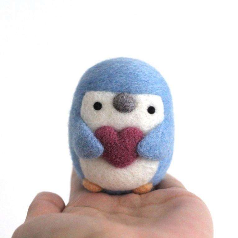 Needle Felted Little Blue Penguin holding Heart (Orchid) by Wild Whimsy Woolies