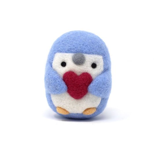 Needle Felted Little Blue Penguin holding Heart (Raspberry)