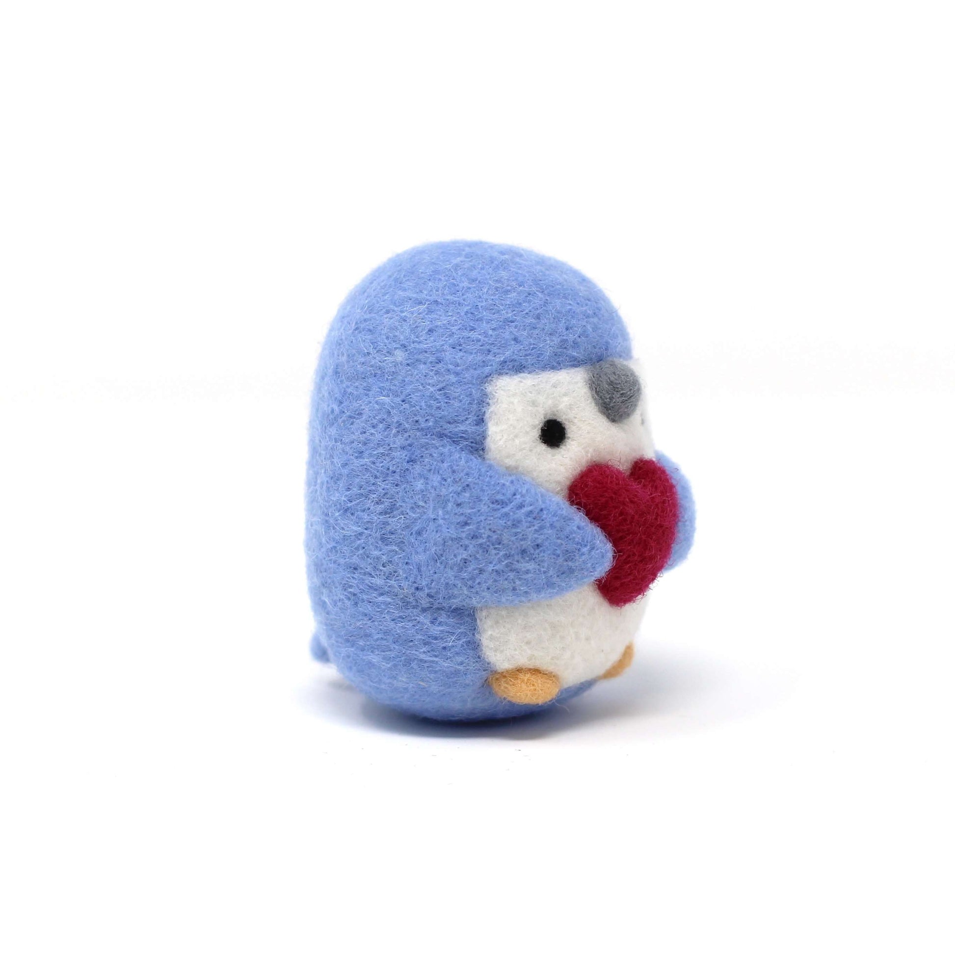 Needle Felted Little Blue Penguin holding Heart (Raspberry) by Wild Whimsy Woolies
