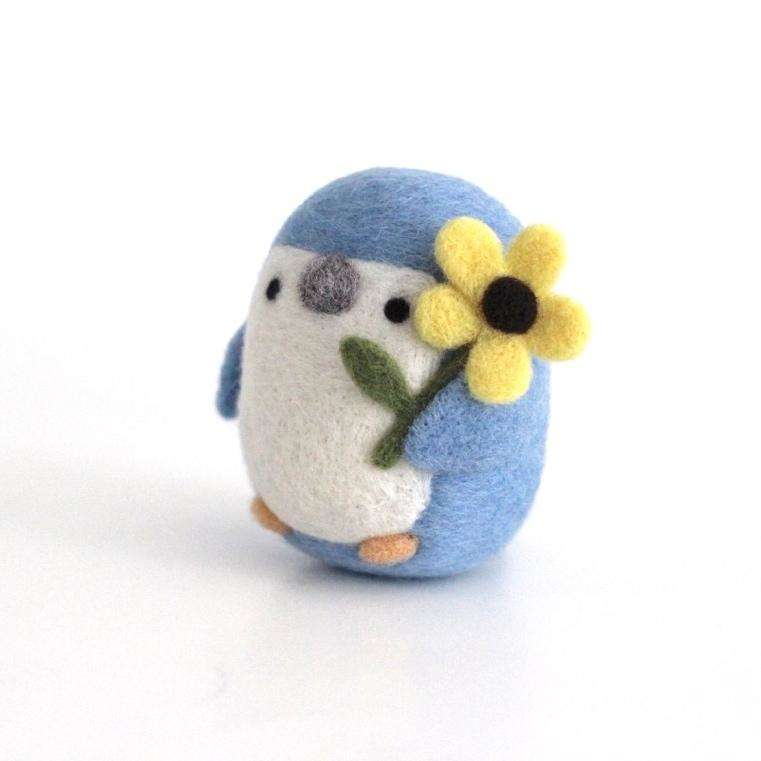 Needle Felted Little Blue Penguin w/ Flower by Wild Whimsy Woolies
