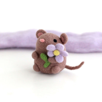 Needle Felted Mouse holding Flower by Wild Whimsy Woolies