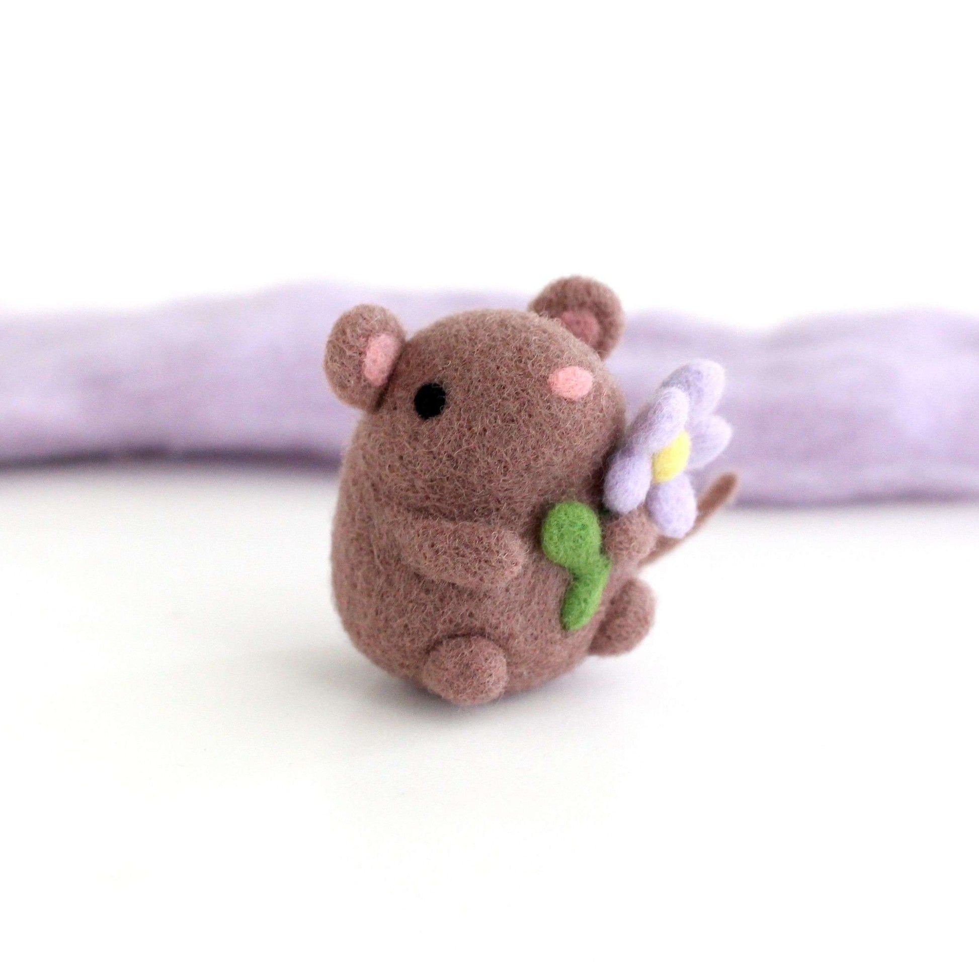 Needle Felted Mouse holding Flower by Wild Whimsy Woolies