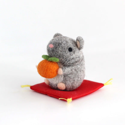 Needle Felted Mouse holding Orange by Wild Whimsy Woolies