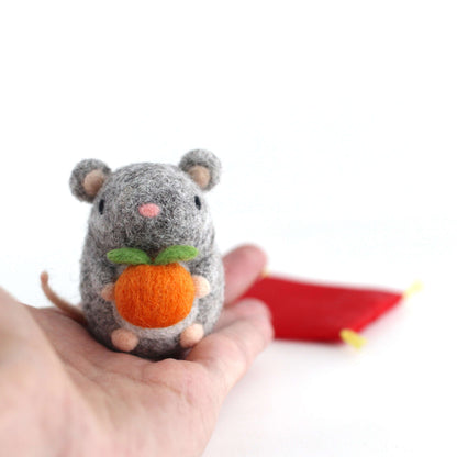 Needle Felted Mouse holding Orange by Wild Whimsy Woolies