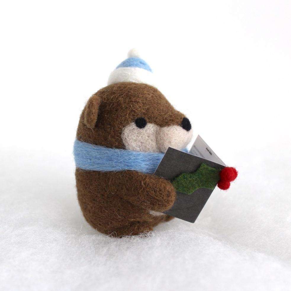 Needle Felted Otter Christmas Caroler (w/ Blue Hat) by Wild Whimsy Woolies