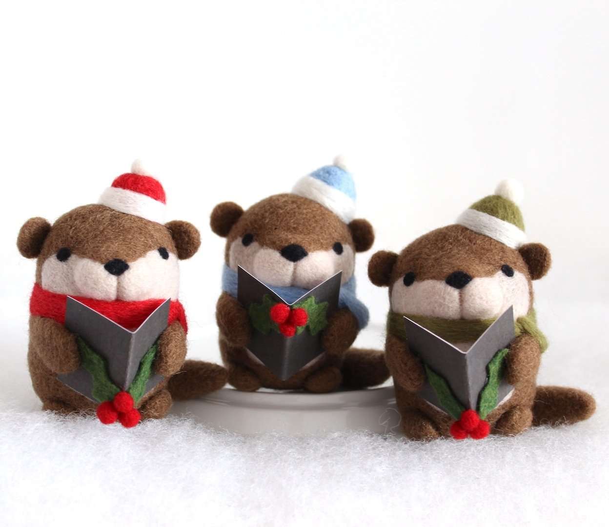 Needle Felted Otter Christmas Caroler (w/ Green Hat) by Wild Whimsy Woolies