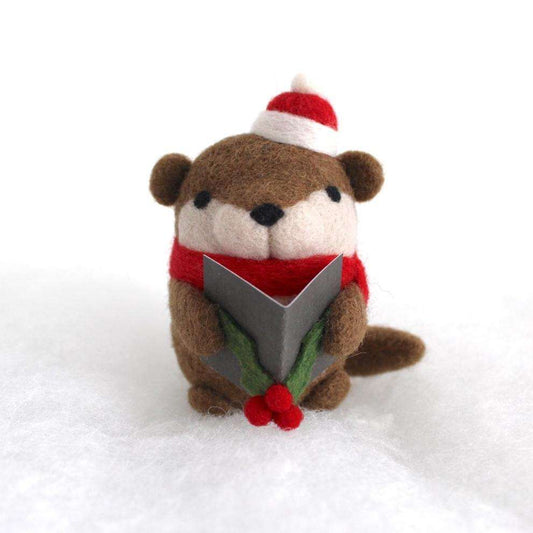 Needle Felted Otter Christmas Caroler (w/ Red Hat)
