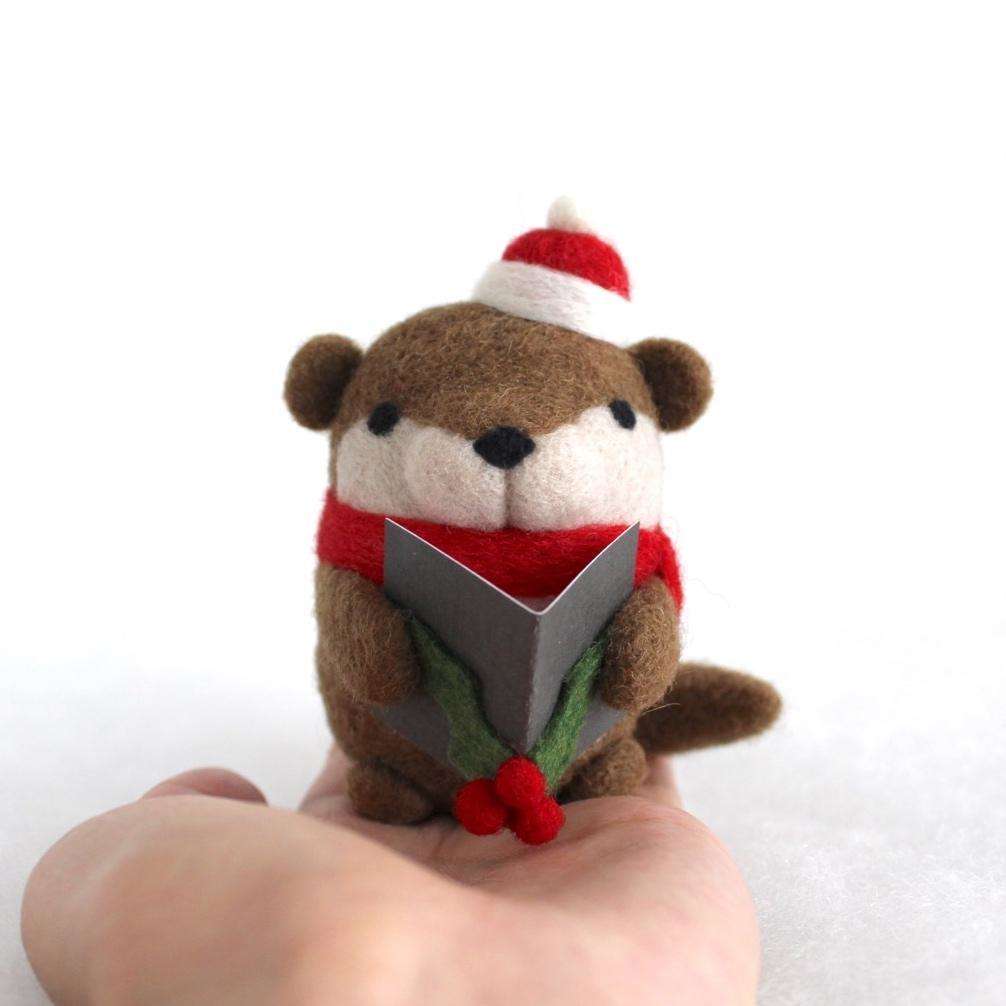 Needle Felted Otter Christmas Caroler (w/ Red Hat)