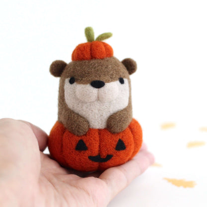 Needle Felted Otter in Jack-o'-Lantern by Wild Whimsy Woolies