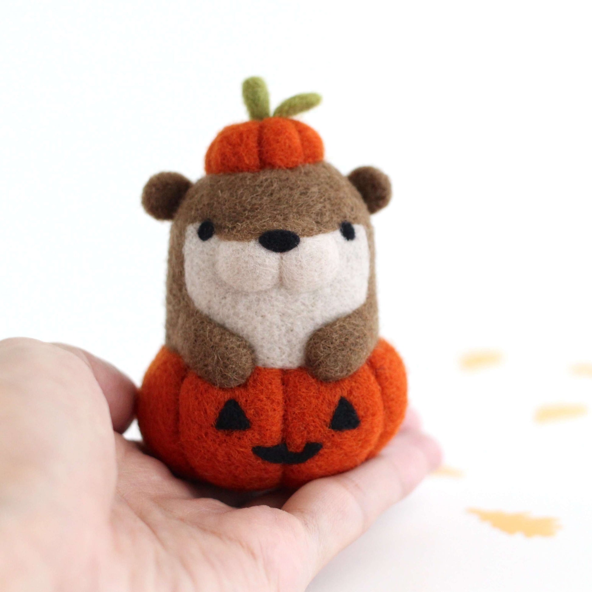 Needle Felted Otter in Jack-o'-Lantern