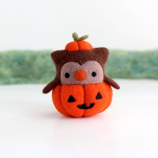 Needle Felted Owl in Jack-o'-Lantern (Bright Orange Variant) by Wild Whimsy Woolies