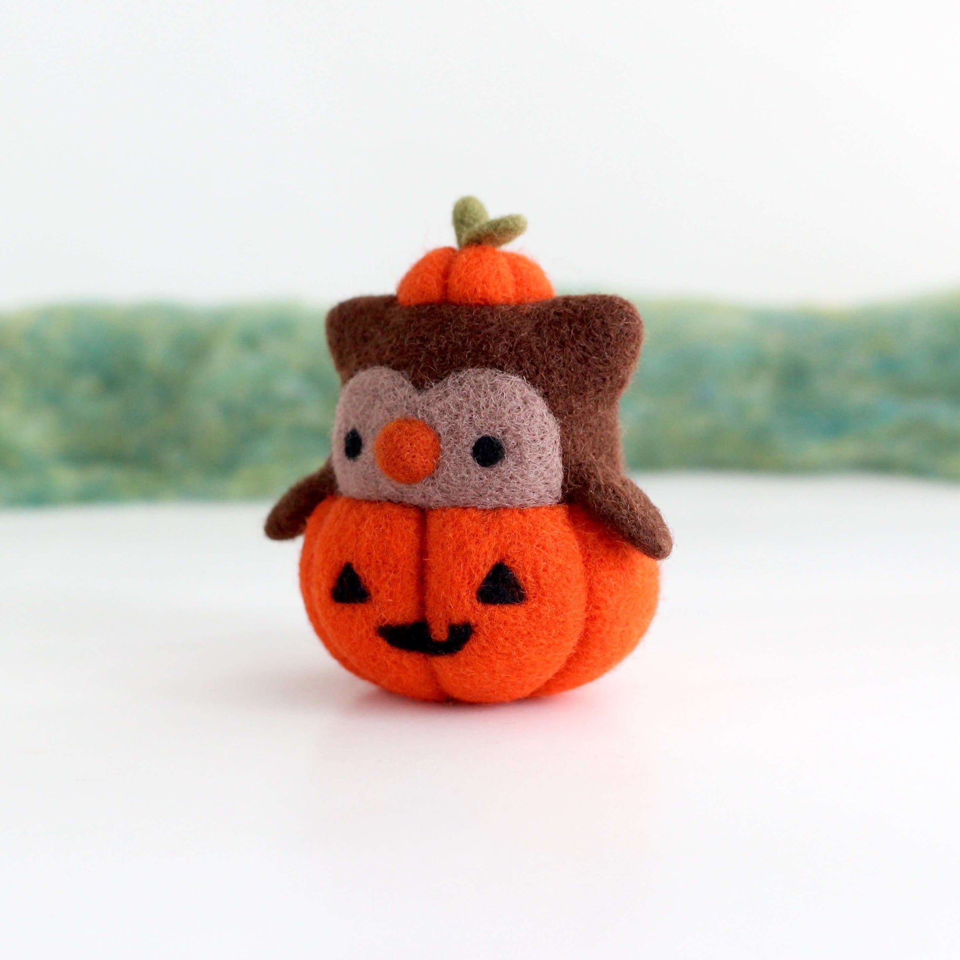 Needle Felted Owl in Jack-o'-Lantern (Bright Orange Variant) by Wild Whimsy Woolies