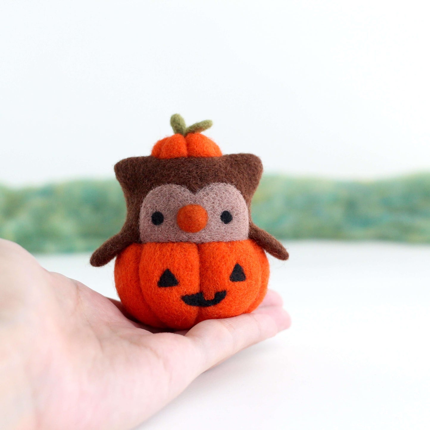 Needle Felted Owl in Jack-o'-Lantern (Bright Orange Variant)