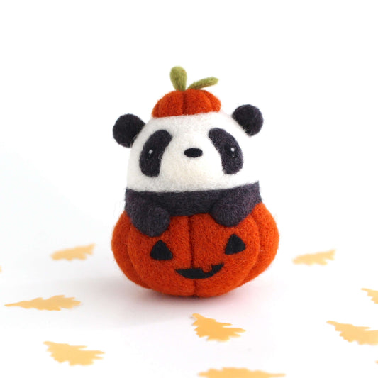 Needle Felted Panda in Jack-o'-Lantern (Burnt Orange Variant)