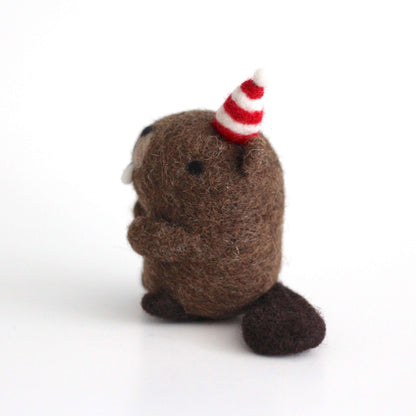 Needle Felted Party Beaver w/ Striped Hat by Wild Whimsy Woolies