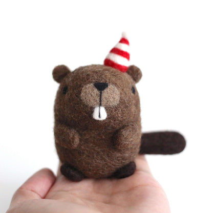 Needle Felted Party Beaver w/ Striped Hat by Wild Whimsy Woolies