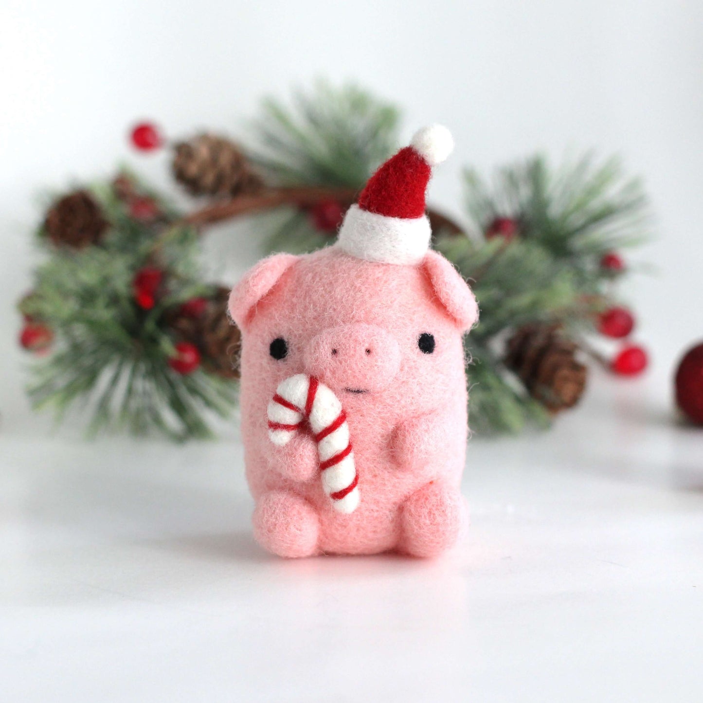 Needle Felted Pig holding Candy Cane by Wild Whimsy Woolies