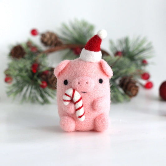 Needle Felted Pig holding Candy Cane