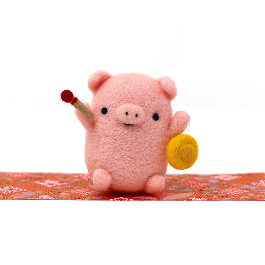 Needle Felted Pig Pink Pig with Gong