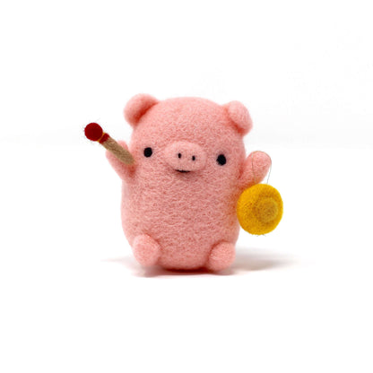 Needle Felted Pig Pink Pig with Gong by Wild Whimsy Woolies