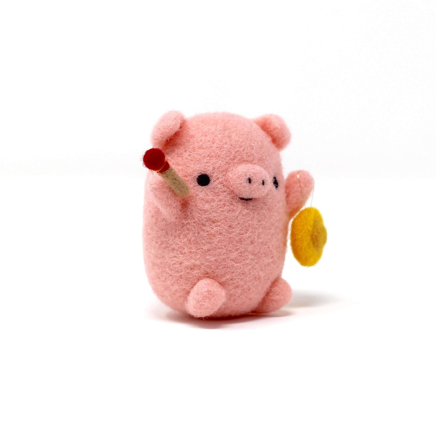 Needle Felted Pig Pink Pig with Gong