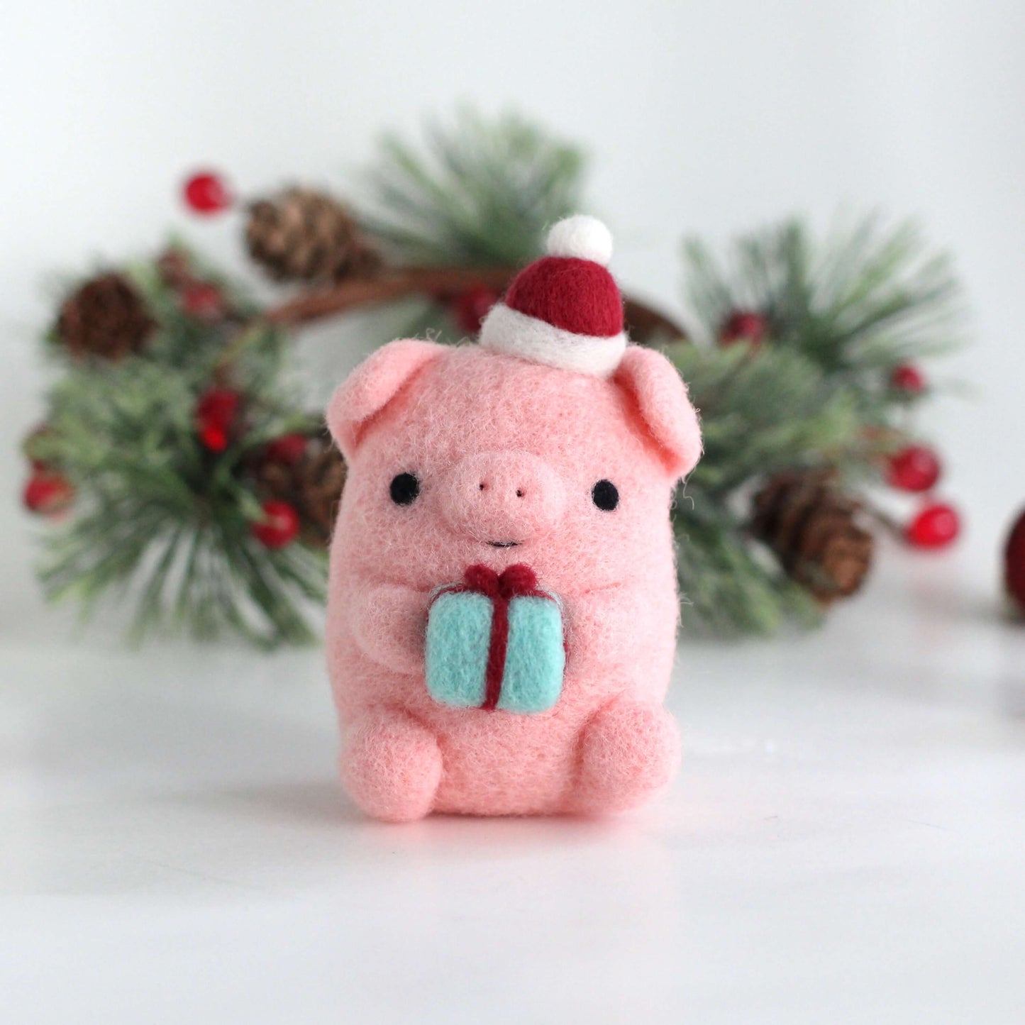 Needle Felted Pig w/ Christmas Present