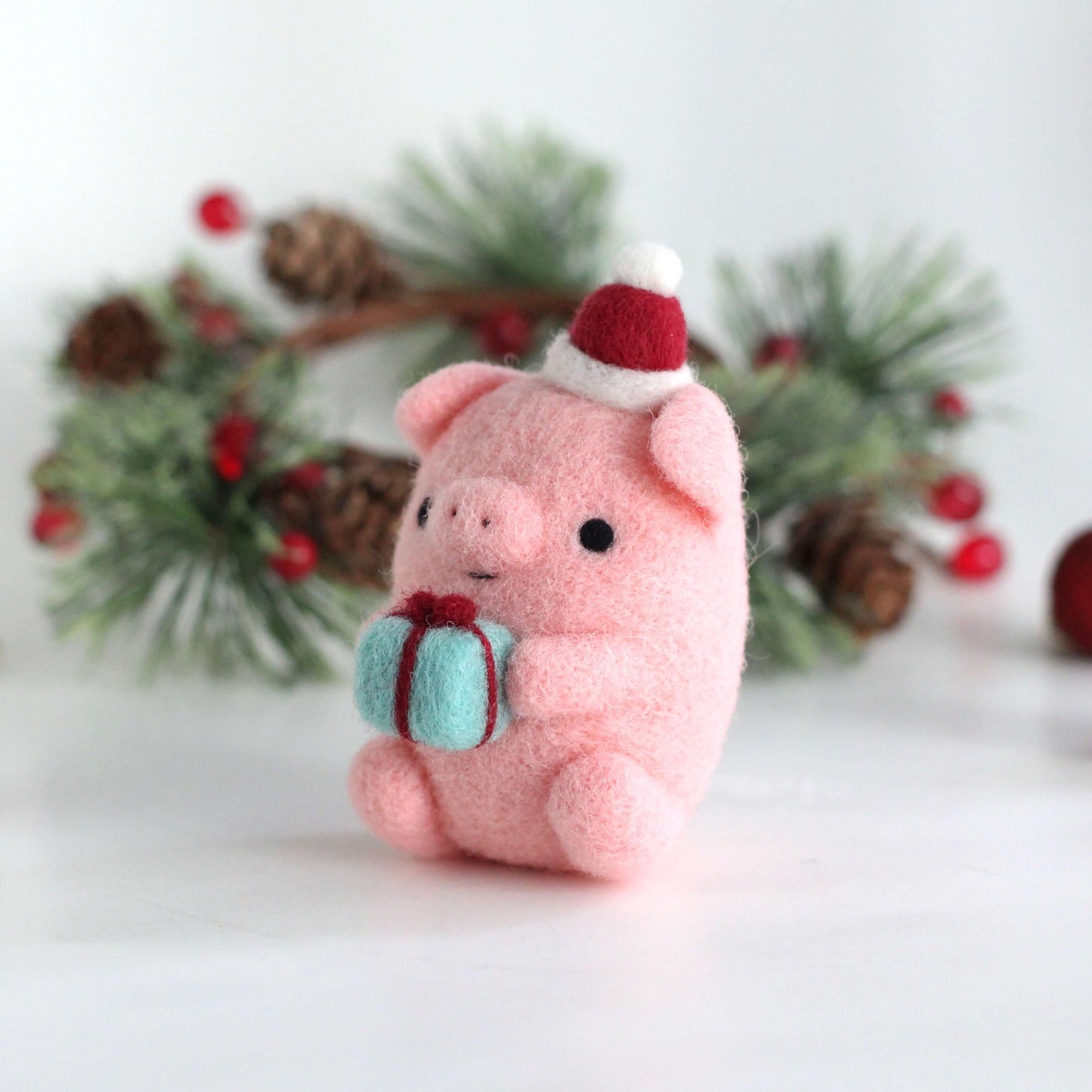 Needle Felted Pig w/ Christmas Present