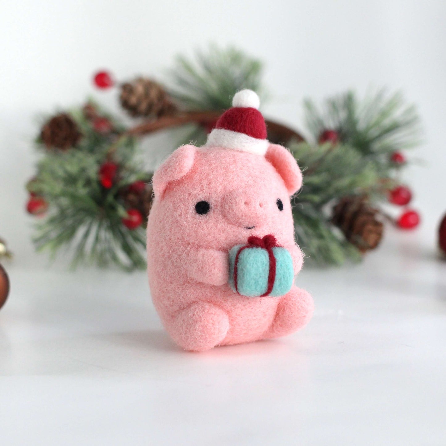 Needle Felted Pig w/ Christmas Present