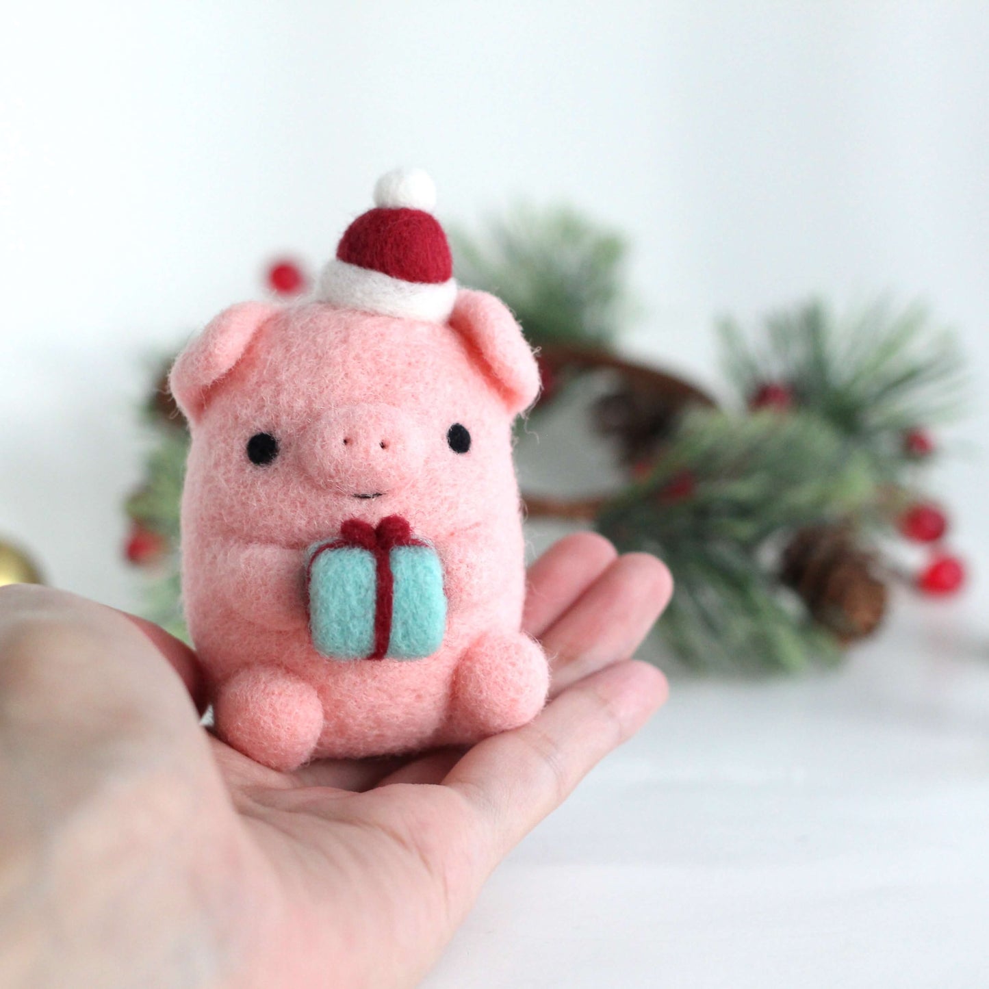 Needle Felted Pig w/ Christmas Present
